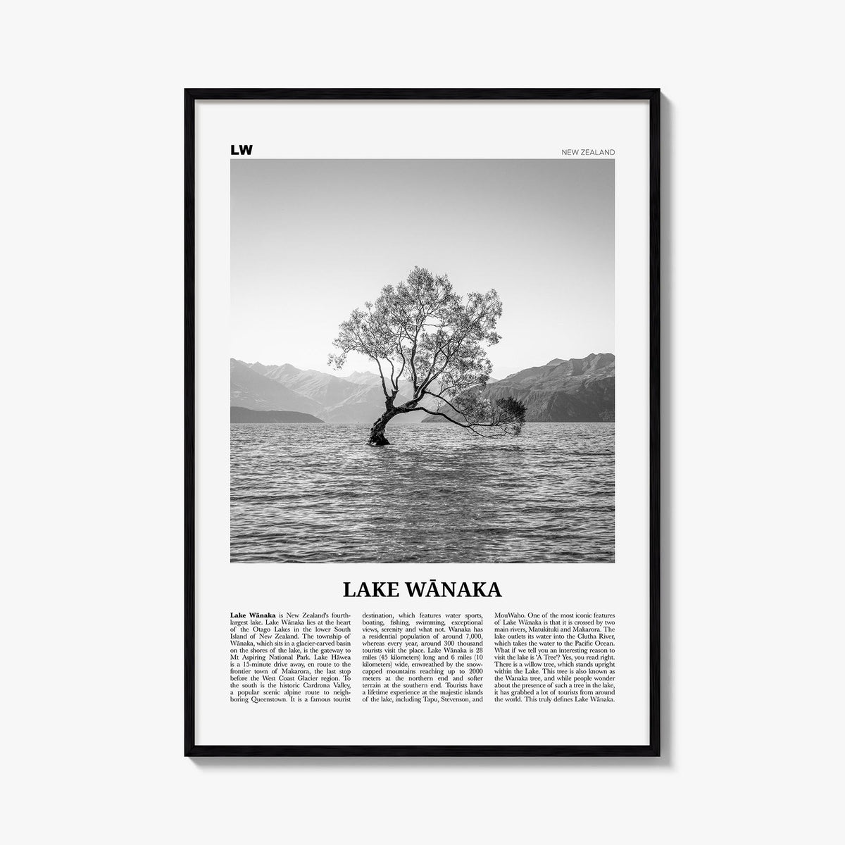 Lake Wānaka black & white newspaper poster of New Zealand – vertical wall art, unframed print shown in interior mockup
