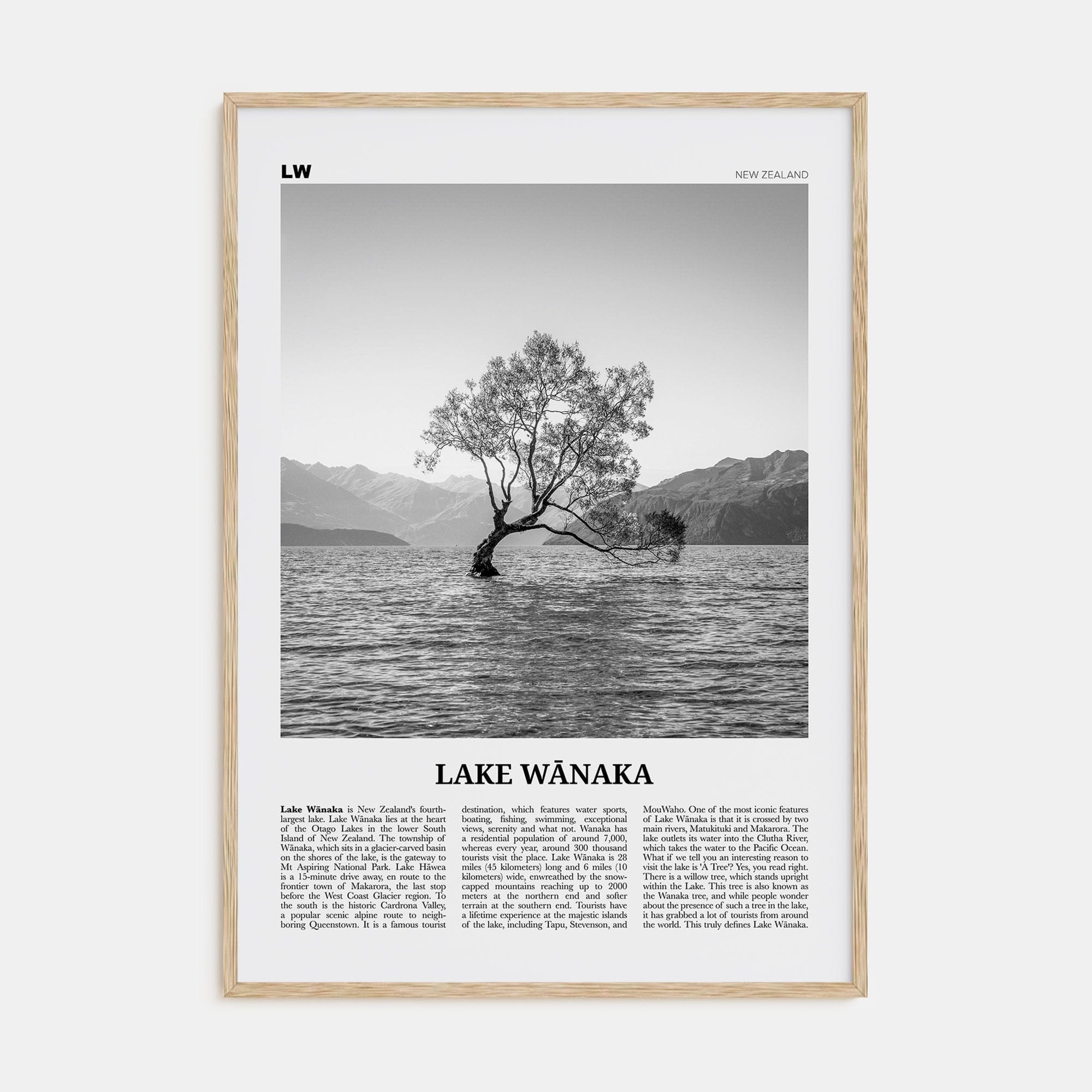 Lake Wānaka Poster Natural Wood / 8x12 in Nbourhood Travel B&W Poster