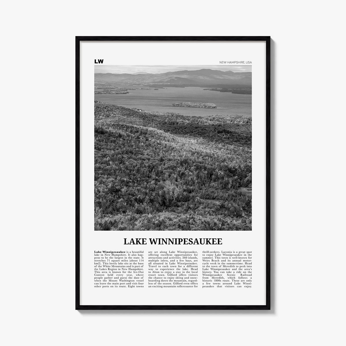 Lake Winnipesaukee black & white newspaper poster of New Hampshire, USA – vertical wall art, unframed print shown in interior
