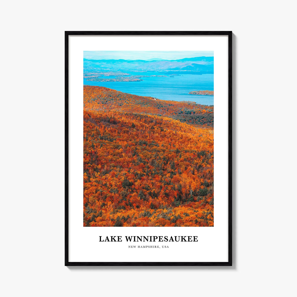 Lake Winnipesaukee colorful classic poster of New Hampshire, USA – vertical wall art, unframed print shown in interior mockup