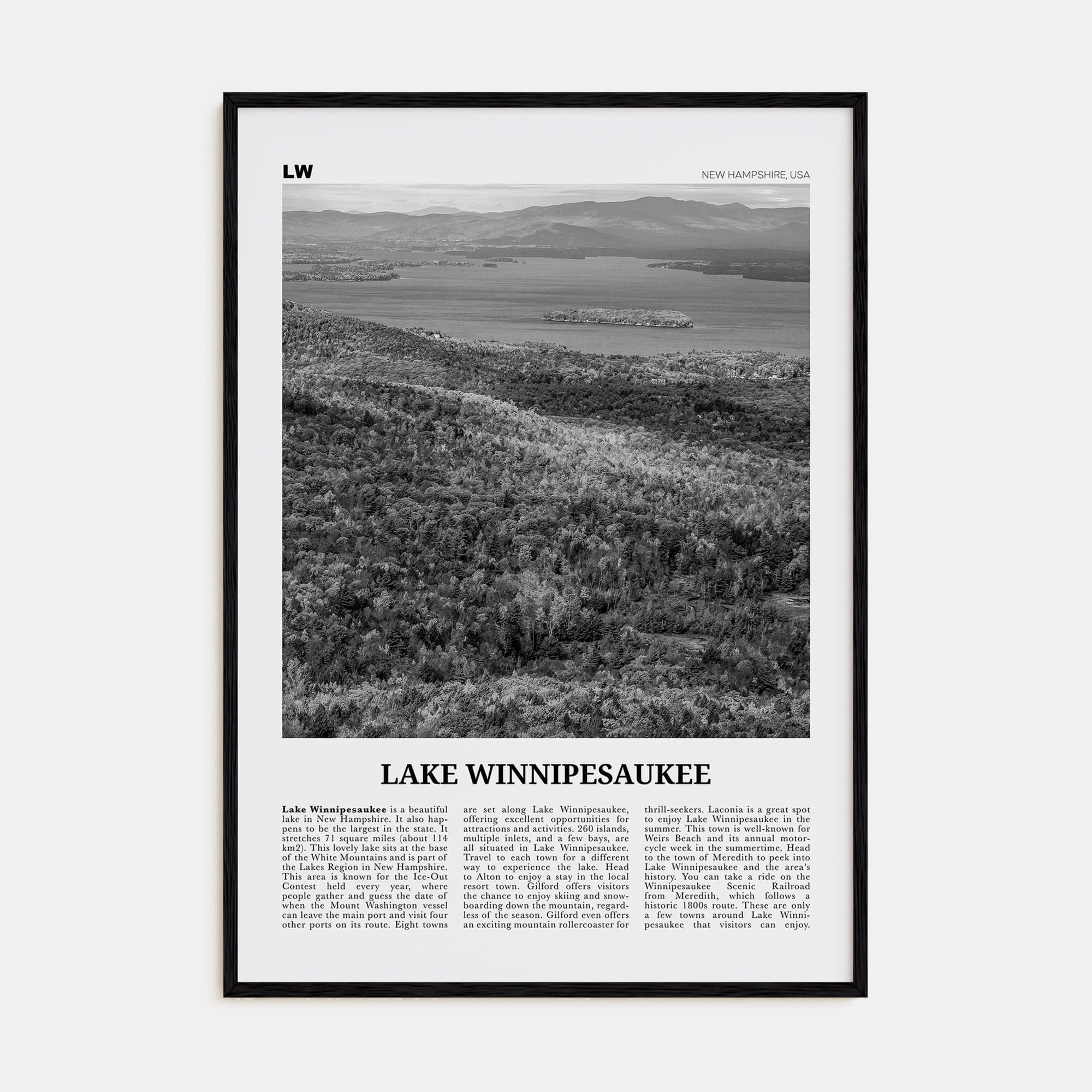 Lake Winnipesaukee Poster Black Wood / 8x12 in Nbourhood Travel B&W Poster