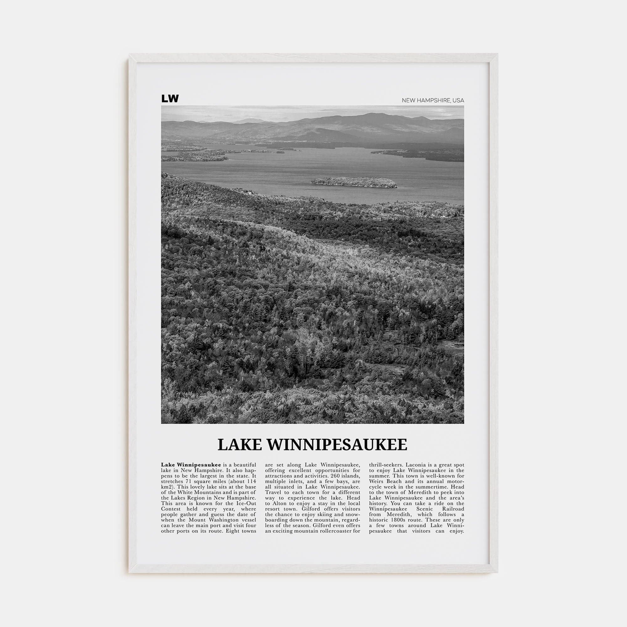 Lake Winnipesaukee Poster White Wood / 8x12 in Nbourhood Travel B&W Poster