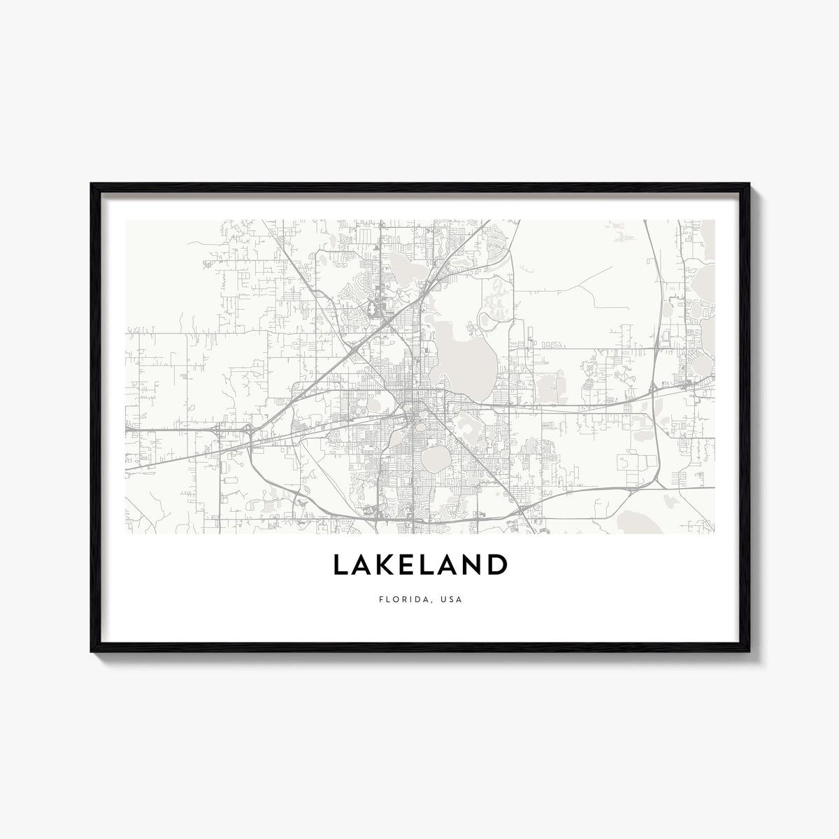 Lakeland black & white map poster of Florida, USA – horizontal wall art, unframed print shown in interior mockup