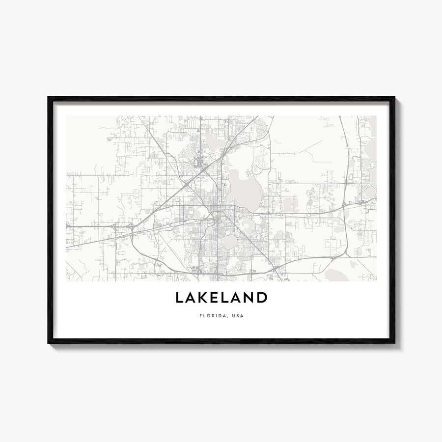 Lakeland black & white map poster of Florida, USA – horizontal wall art, unframed print shown in interior mockup