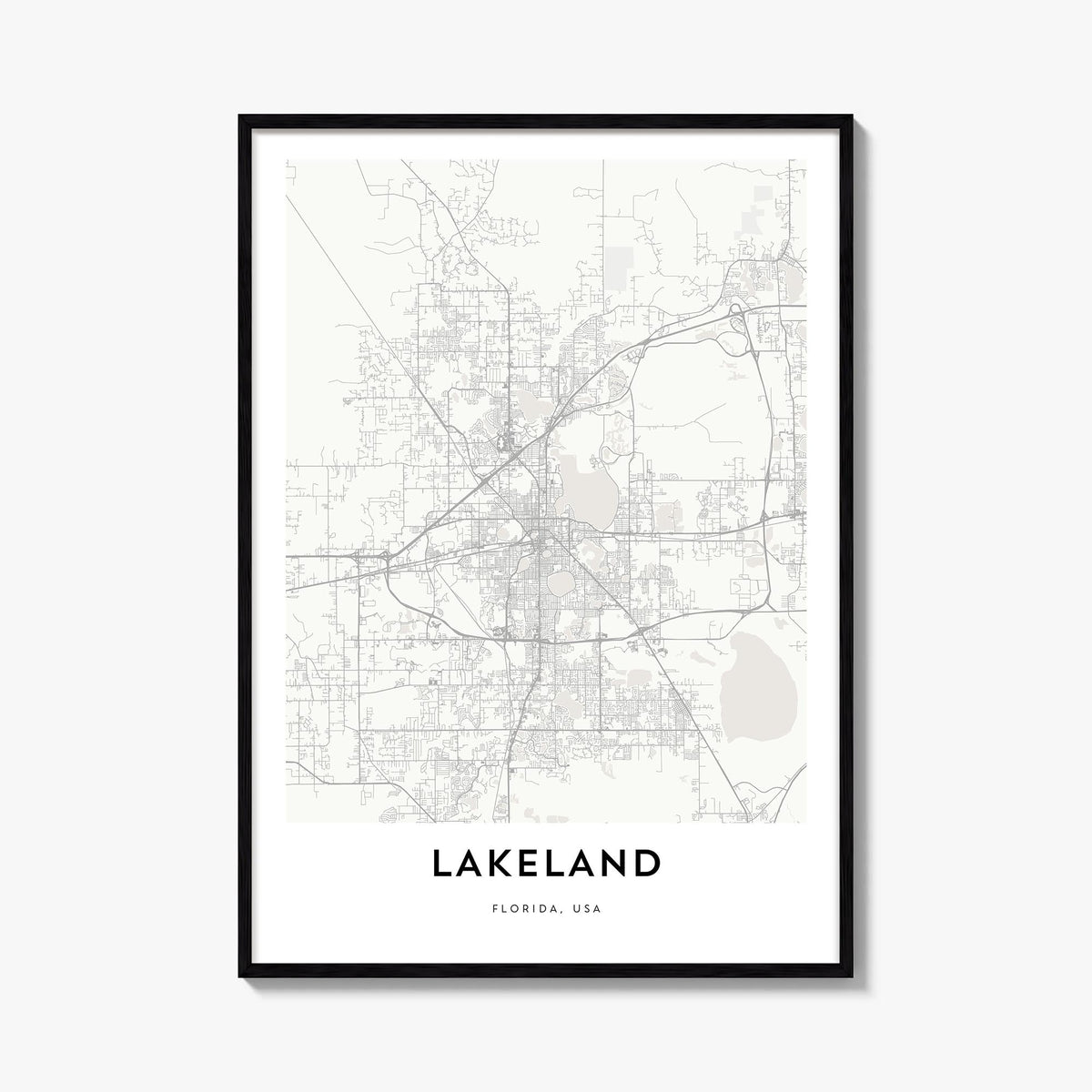 Lakeland black & white map poster of Florida, USA – vertical wall art, unframed print shown in interior mockup