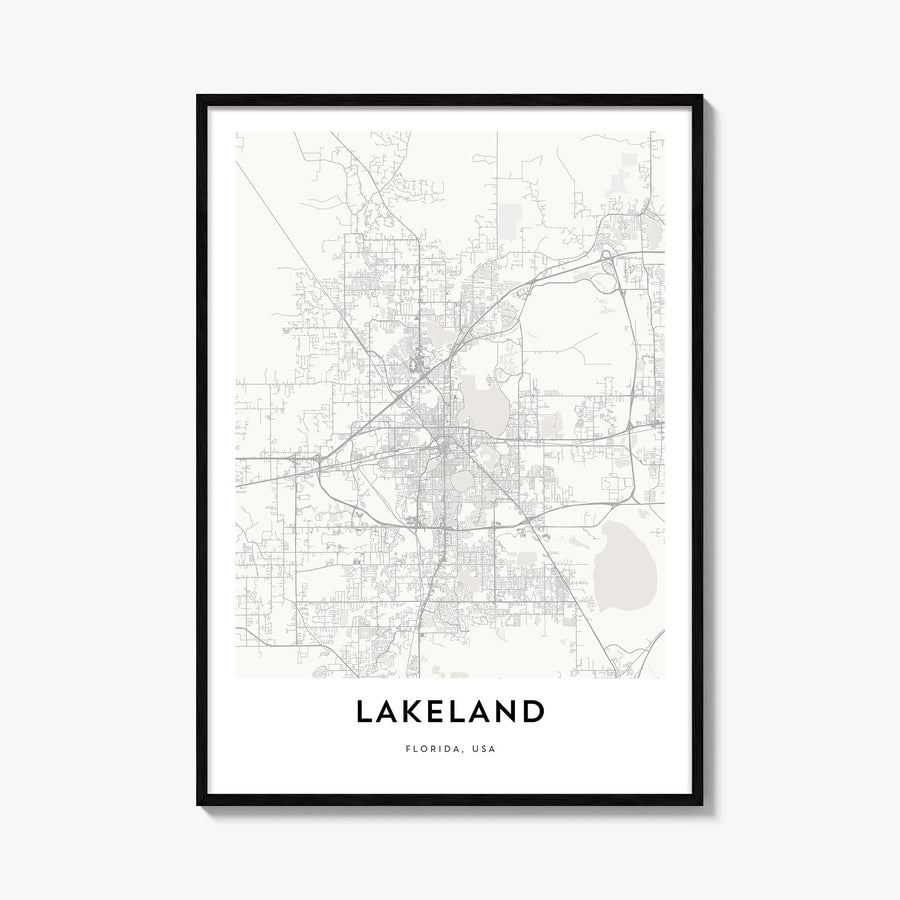 Lakeland black & white map poster of Florida, USA – vertical wall art, unframed print shown in interior mockup