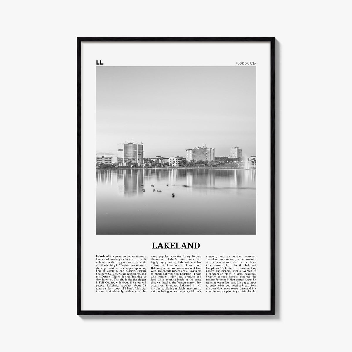 Lakeland black & white newspaper poster of Florida, USA – vertical wall art, unframed print shown in interior mockup