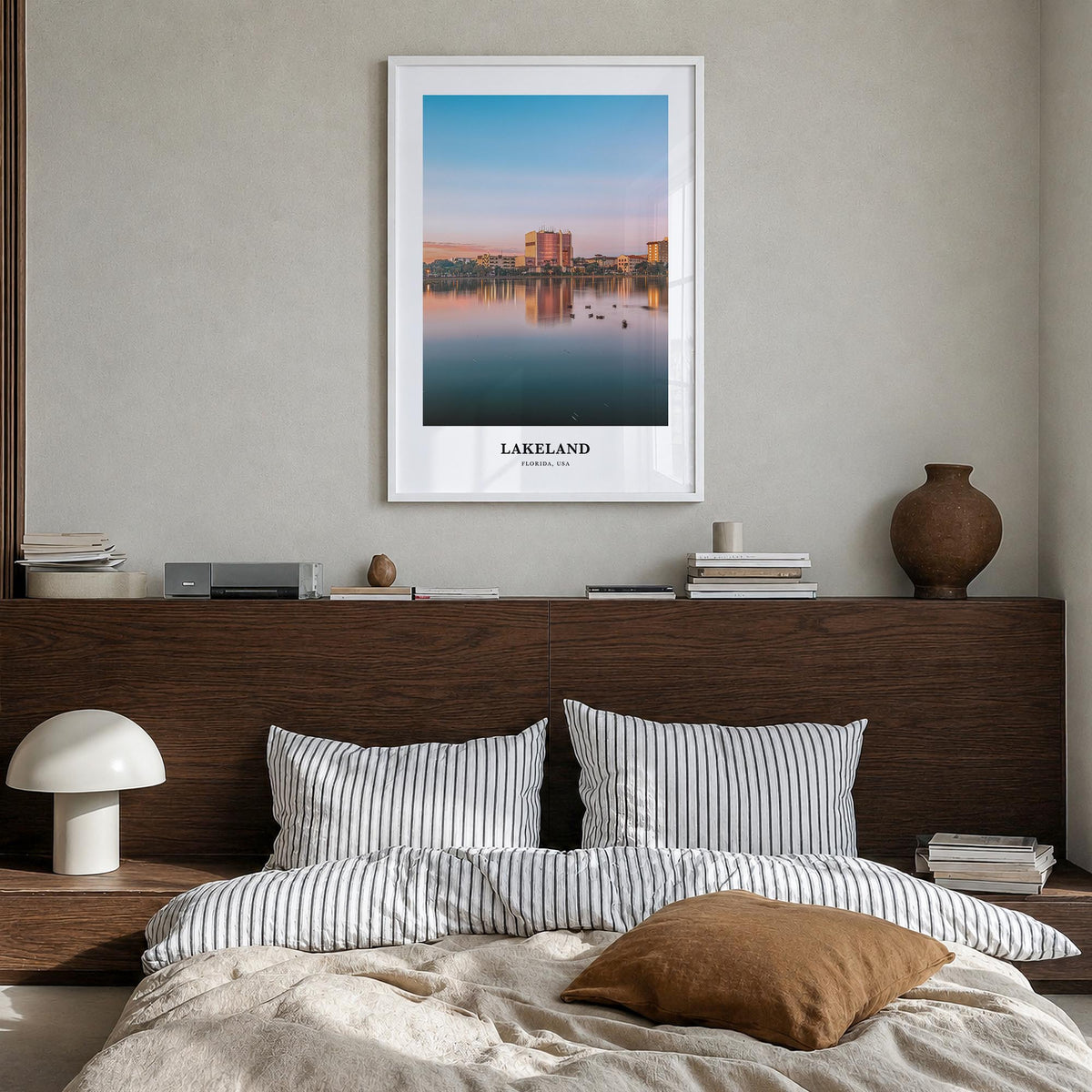 Lakeland colorful classic poster of Florida, USA – vertical wall art in white wood frame, hanging on wall