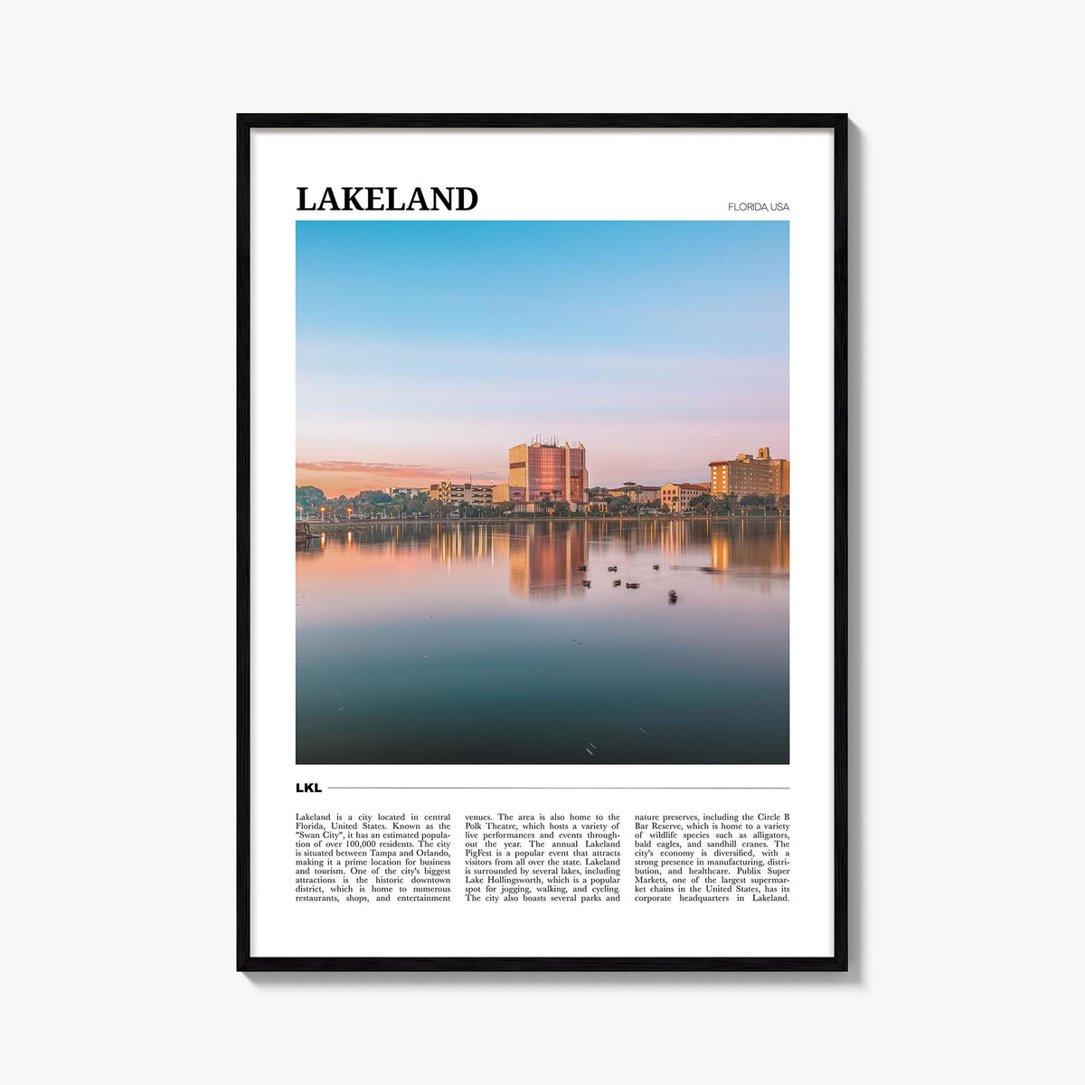 Lakeland colorful travel poster of Florida, USA – vertical wall art, unframed print shown in interior mockup