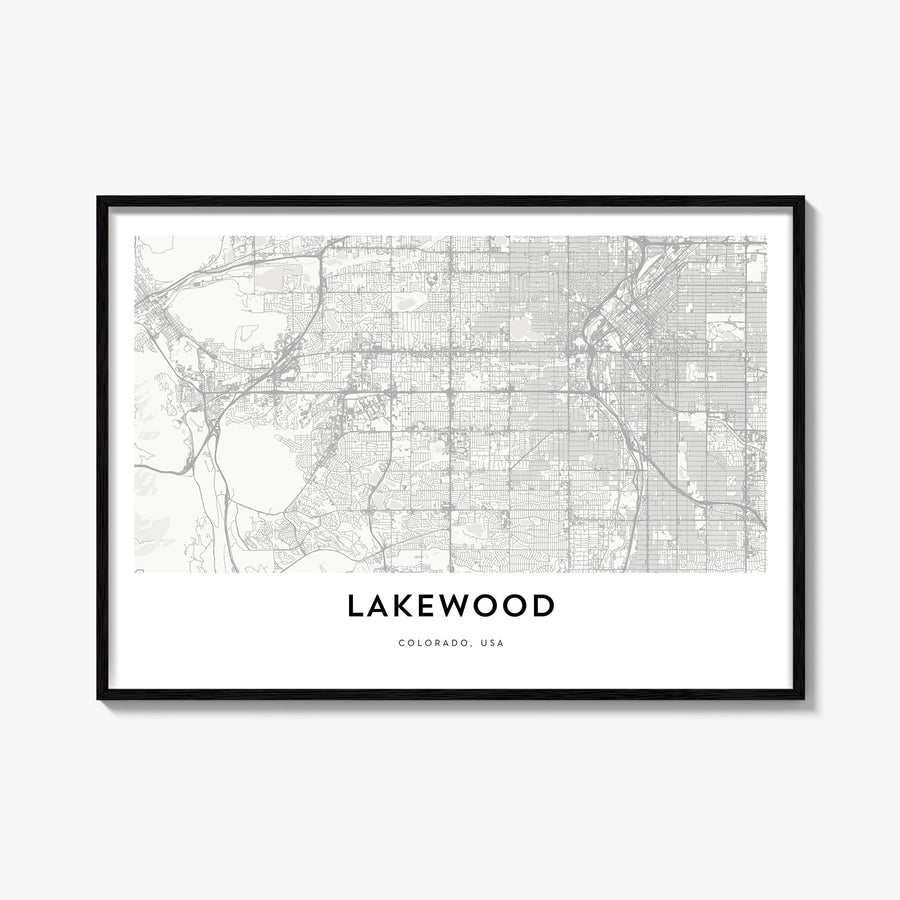Lakewood black & white map poster of Colorado, USA – horizontal wall art, unframed print shown in interior mockup