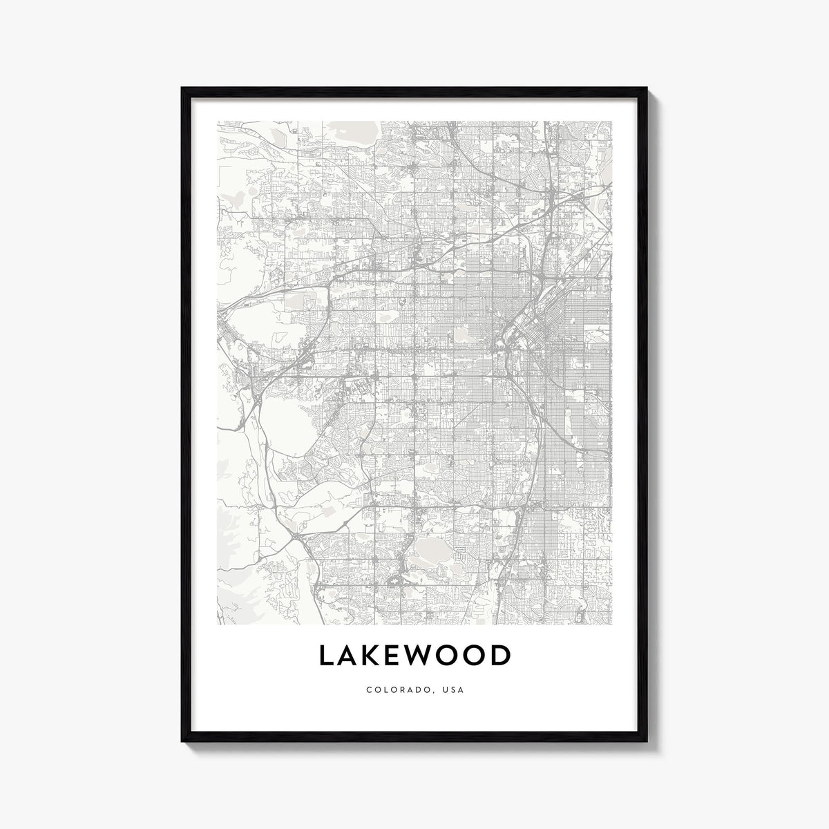 Lakewood black & white map poster of Colorado, USA – vertical wall art, unframed print shown in interior mockup