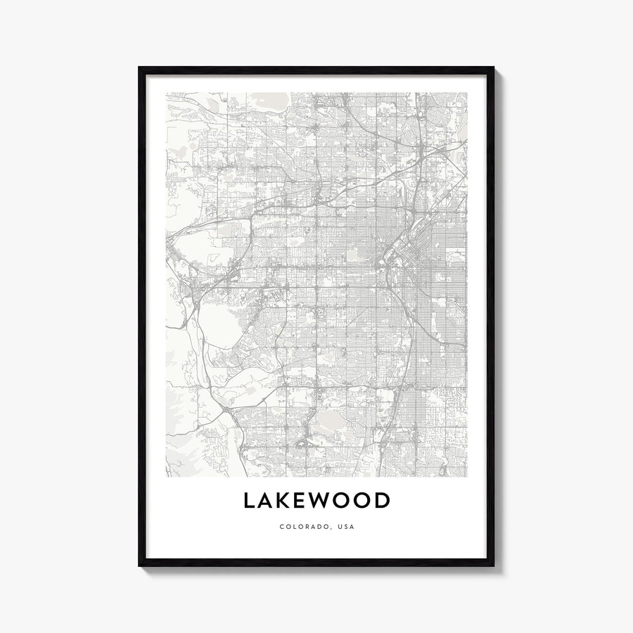 Lakewood black & white map poster of Colorado, USA – vertical wall art, unframed print shown in interior mockup