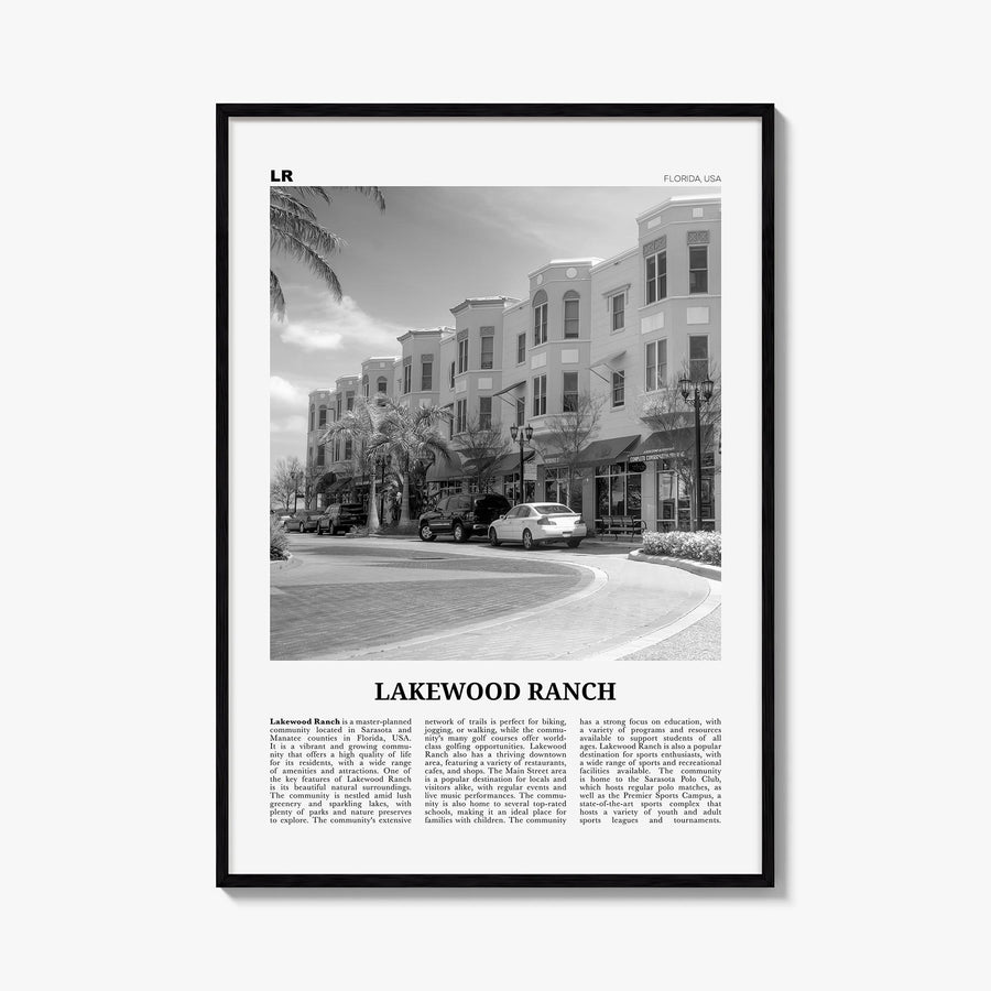 Lakewood Ranch black & white newspaper poster of Florida, USA – vertical wall art, unframed print shown in interior mockup