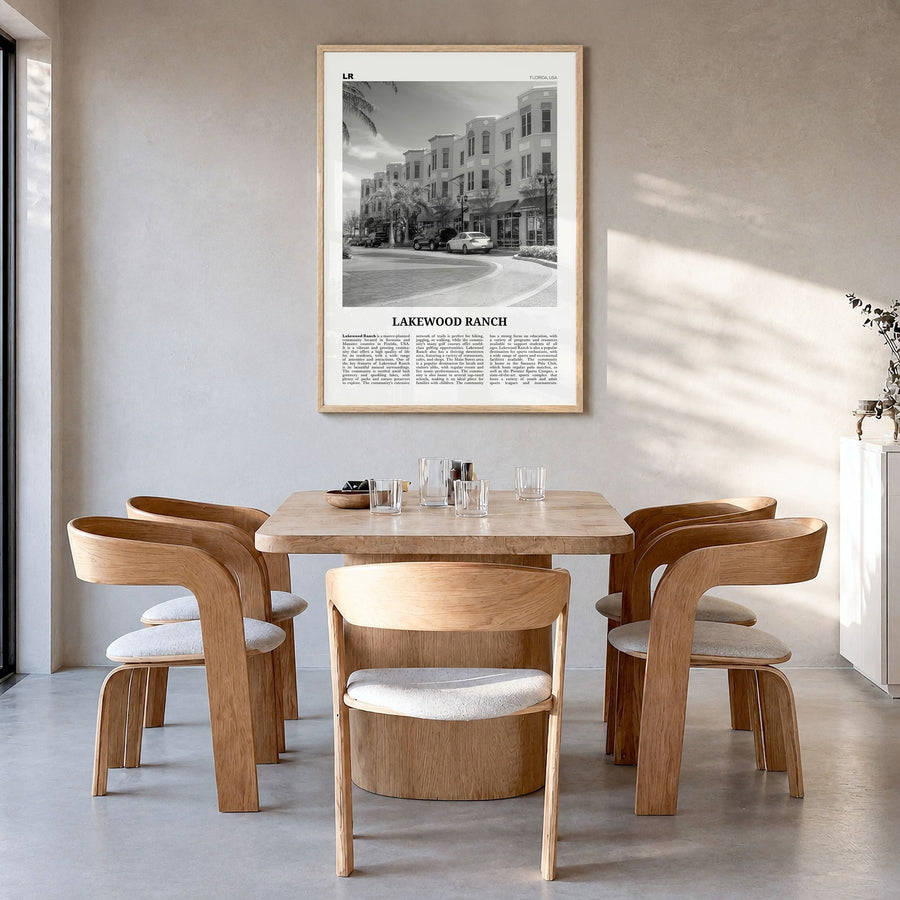 Lakewood Ranch Newspaper Poster in a natural wood frame, hanging in a dining room