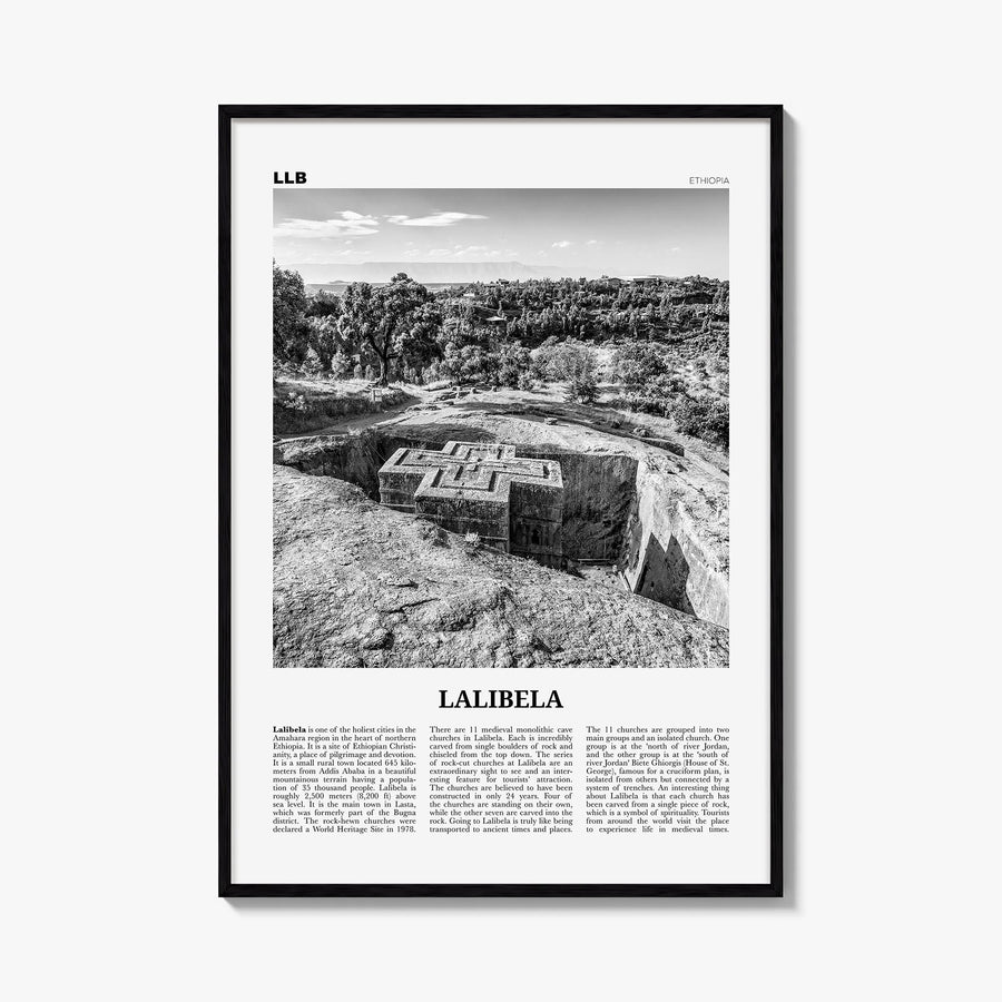 Lalibela black & white newspaper poster of Ethiopia – vertical wall art, unframed print shown in interior mockup