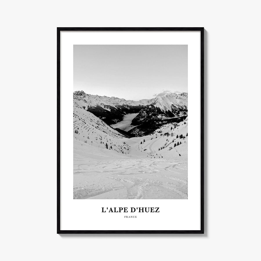 L'Alpe d'Huez black & white classic poster of France – vertical wall art, unframed print shown in interior mockup