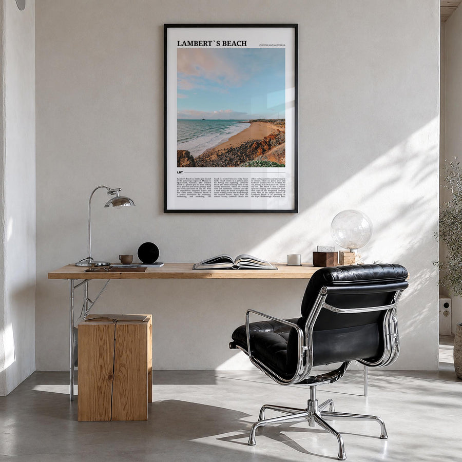 Lambert's Beach colorful travel poster of Queensland, Australia – vertical wall art in black wood frame, hanging on wall