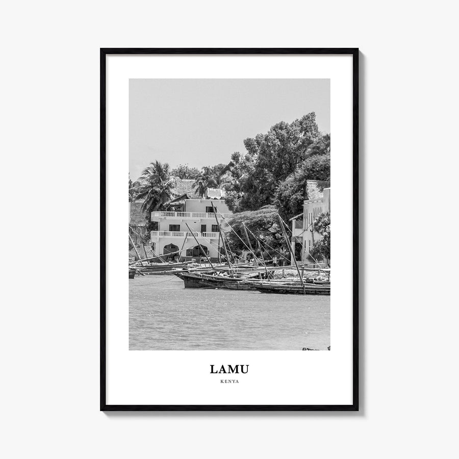 Lamu black & white classic poster of Kenya – vertical wall art, unframed print shown in interior mockup
