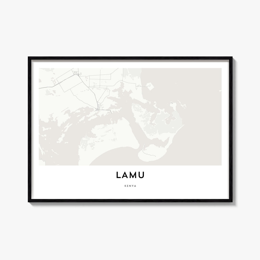 Lamu black & white map poster of Kenya – horizontal wall art, unframed print shown in interior mockup