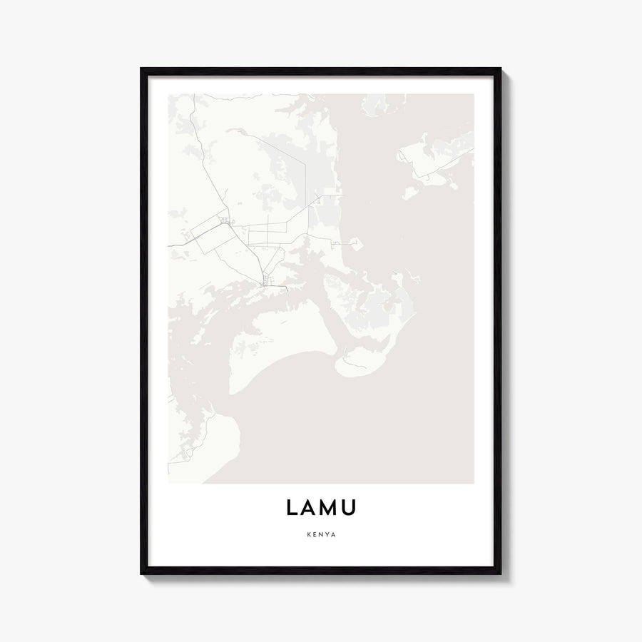 Lamu black & white map poster of Kenya – vertical wall art, unframed print shown in interior mockup