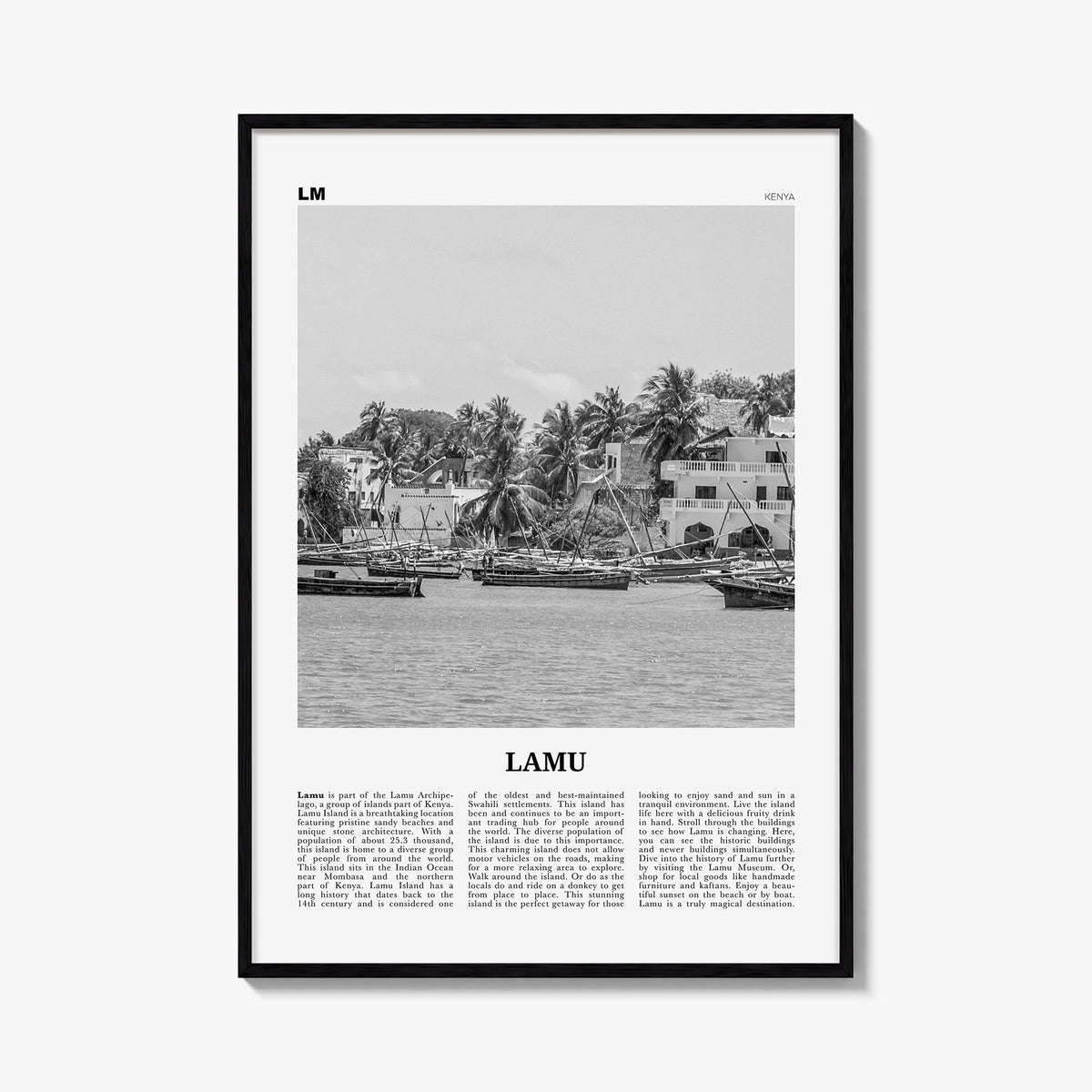 Lamu black & white newspaper poster of Kenya – vertical wall art, unframed print shown in interior mockup