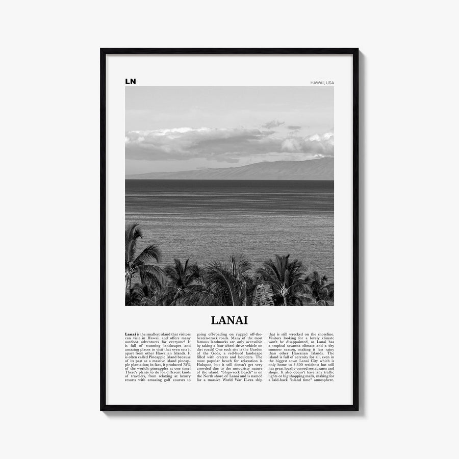 Lanai black & white newspaper poster of Hawaii, USA – vertical wall art, unframed print shown in interior mockup