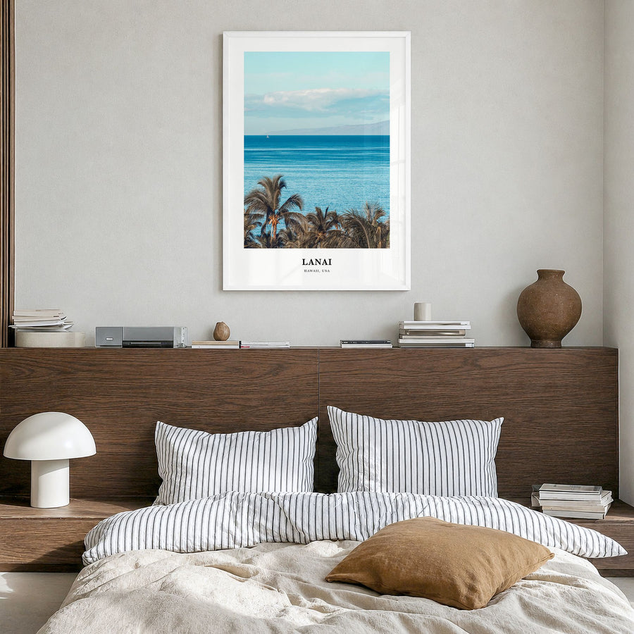Lanai Classic Poster in a white wood frame, hanging in a bedroom