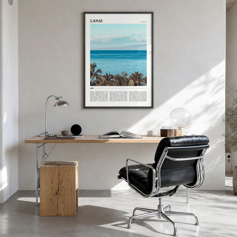 Lanai Travel Poster in a black wood frame, hanging in a bright home office