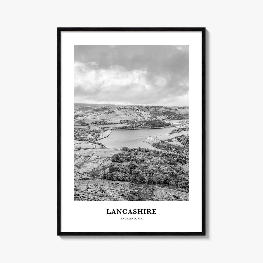 Lancashire black & white classic poster of England, UK – vertical wall art, unframed print shown in interior mockup