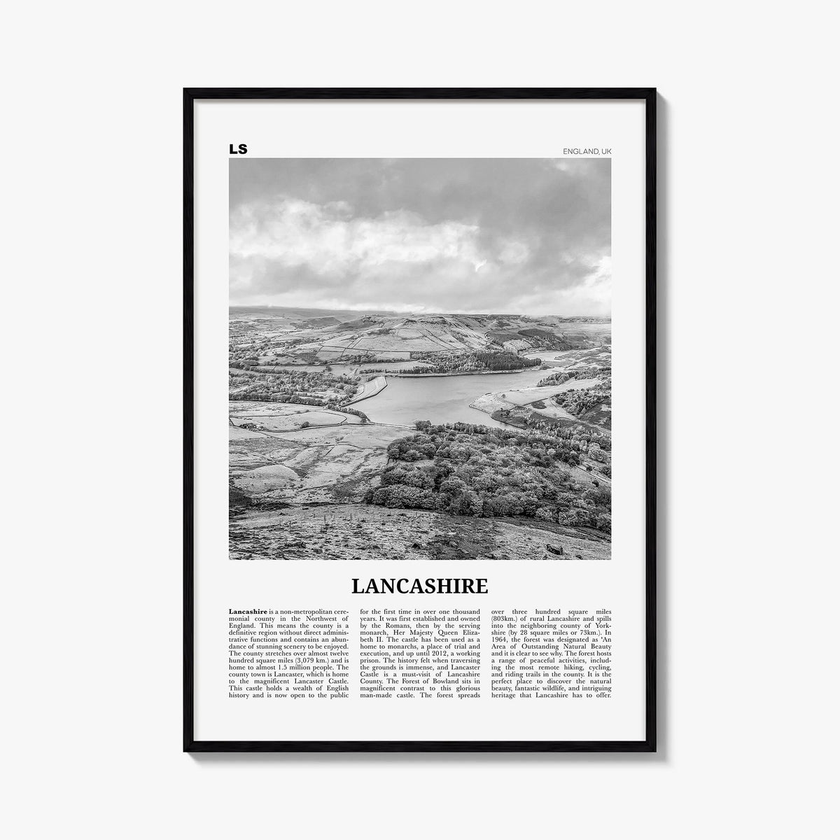 Lancashire black & white newspaper poster of England, UK – vertical wall art, unframed print shown in interior mockup