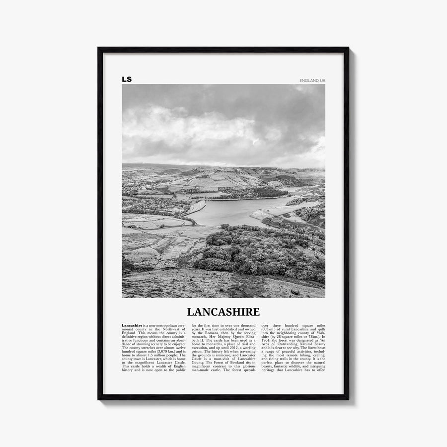 Lancashire black & white newspaper poster of England, UK – vertical wall art, unframed print shown in interior mockup