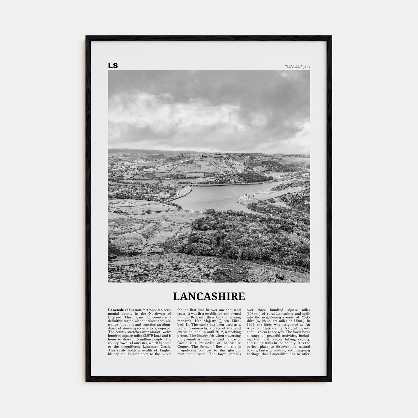 Lancashire Poster Black Wood / 8x12 in Nbourhood Travel B&W Poster