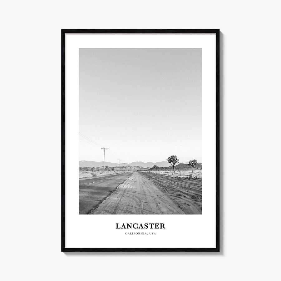 Lancaster, California black & white classic poster of California, USA – vertical wall art, unframed print shown in interior m