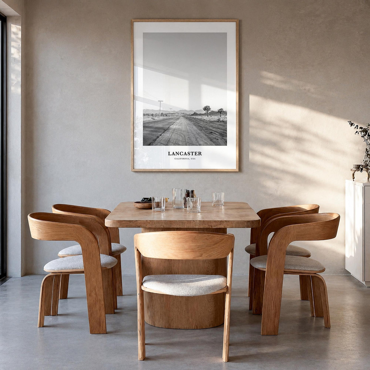 Lancaster, California black & white classic poster of California, USA – vertical wall art in natural wood frame, hanging on w