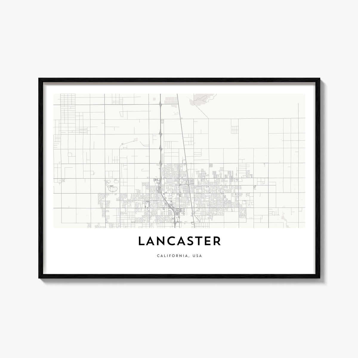 Lancaster, California black & white map poster of California, USA – horizontal wall art, unframed print shown in interior moc