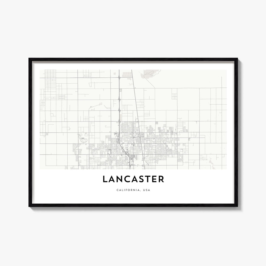 Lancaster, California black & white map poster of California, USA – horizontal wall art, unframed print shown in interior moc