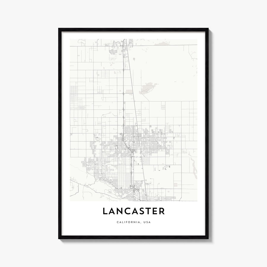 Lancaster, California black & white map poster of California, USA – vertical wall art, unframed print shown in interior mocku