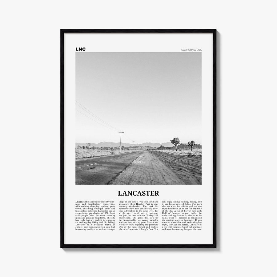 Lancaster, California black & white newspaper poster of California, USA – vertical wall art, unframed print shown in interior