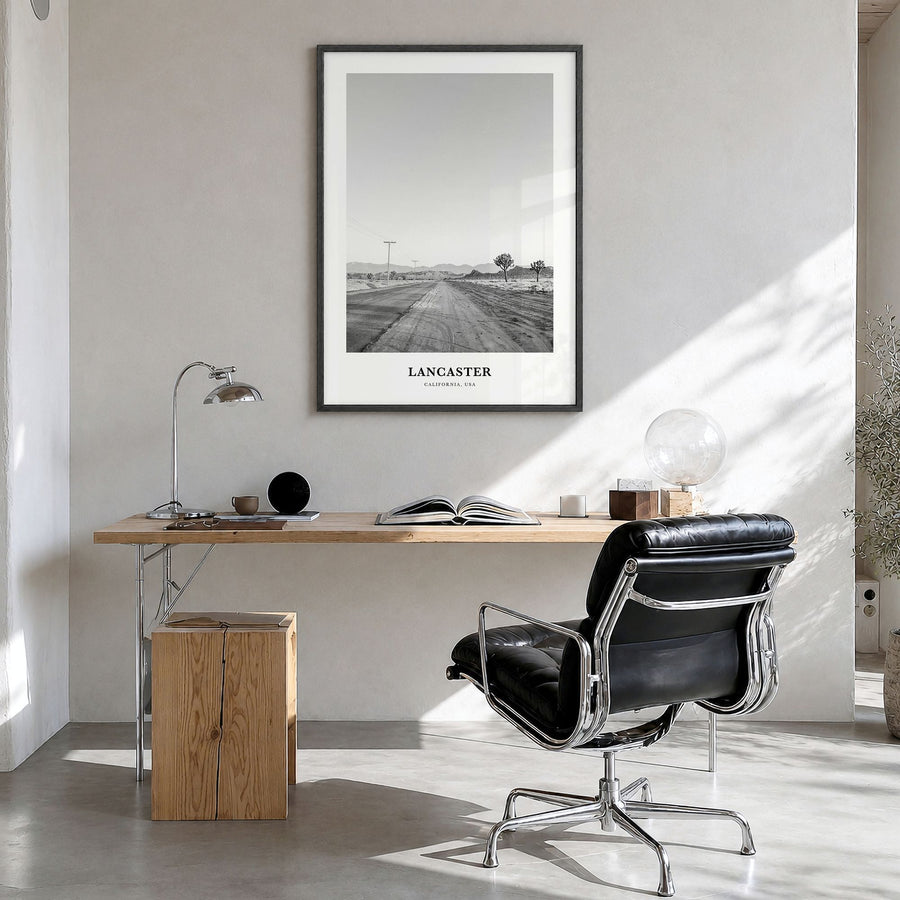 Lancaster, California Classic Poster in a black wood frame, hanging in a bright home office