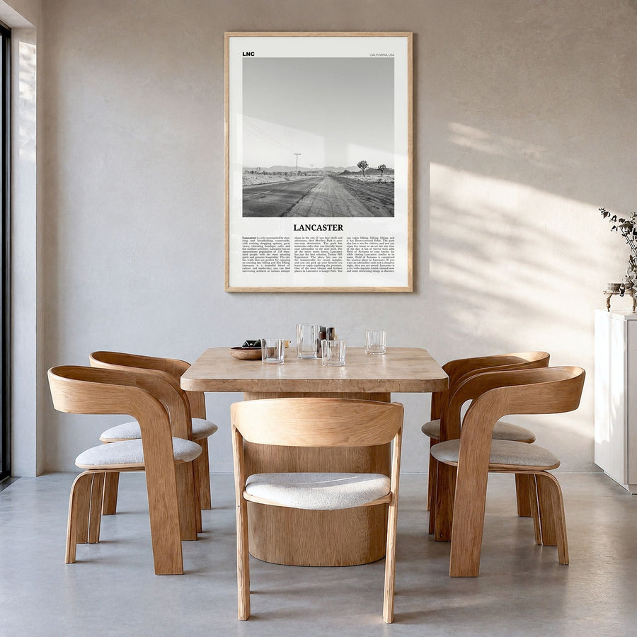 Lancaster, California Newspaper Poster in a natural wood frame, hanging in a dining room