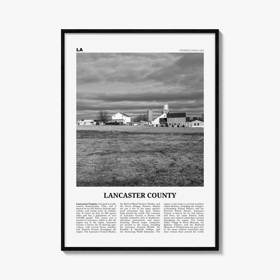 Lancaster County black & white newspaper poster of Pennsylvania, USA – vertical wall art, unframed print shown in interior mo