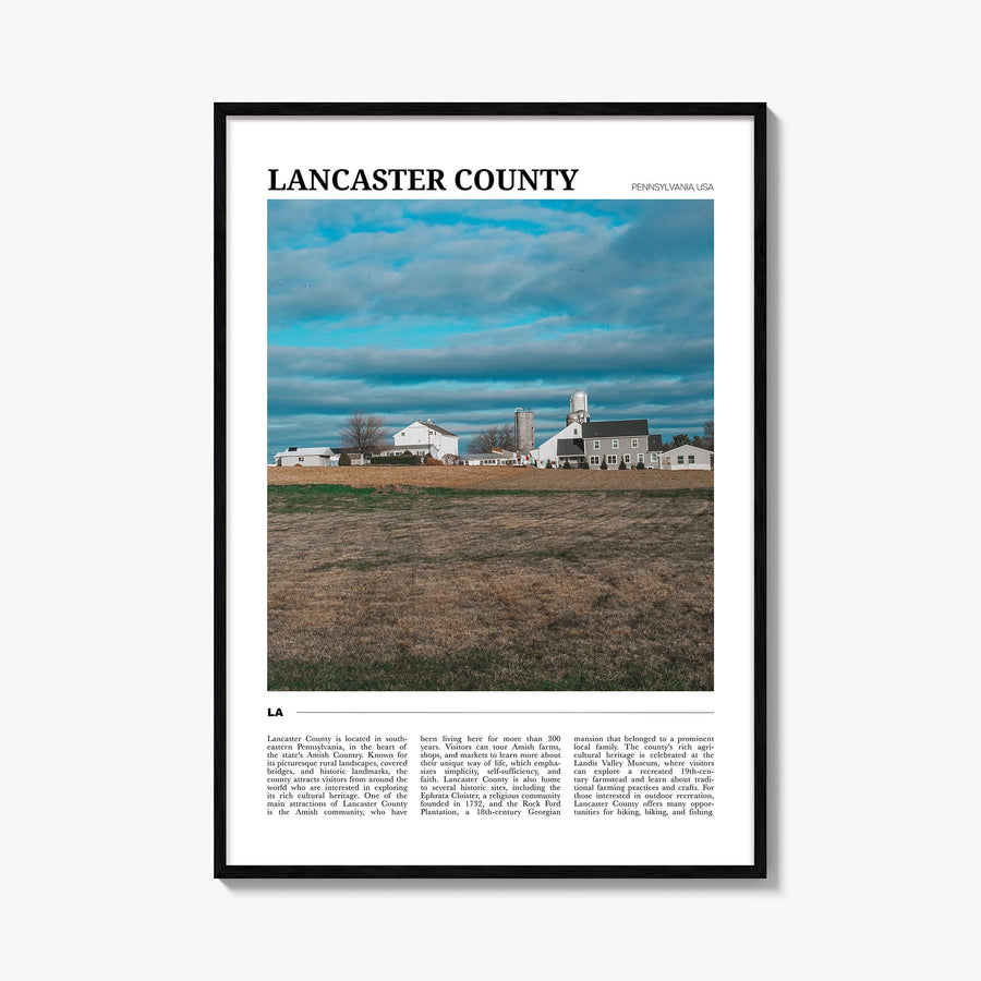 Lancaster County colorful travel poster of Pennsylvania, USA – vertical wall art, unframed print shown in interior mockup