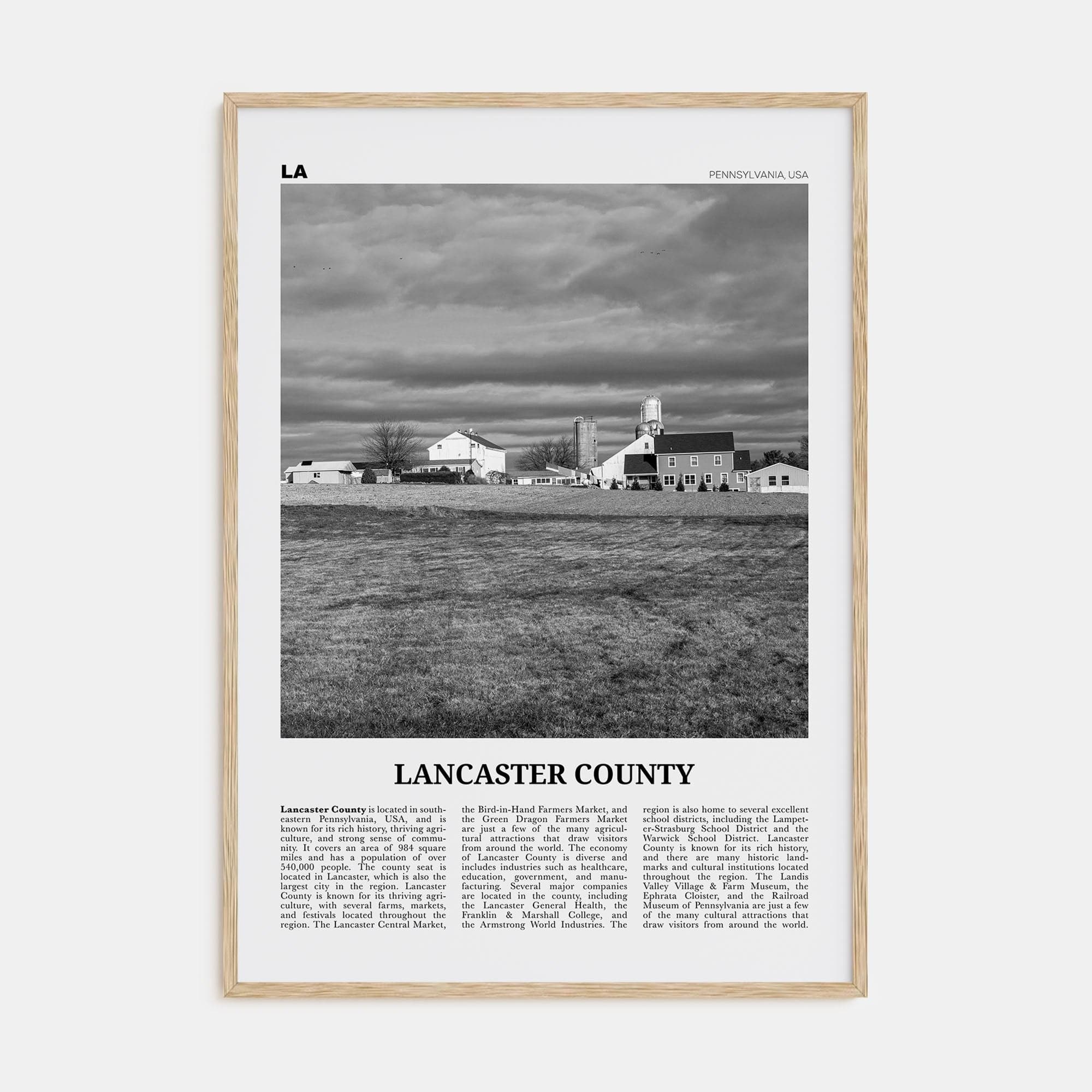 Lancaster County Poster Natural Wood / 8x12 in Nbourhood Travel B&W Poster