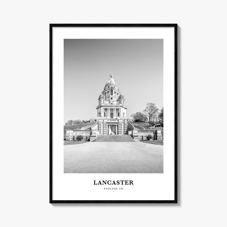 Lancaster, England black & white classic poster of United Kingdom – vertical wall art, unframed print shown in interior mocku