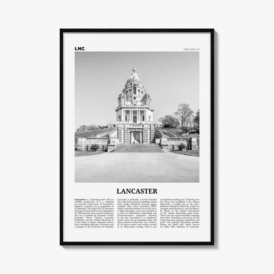 Lancaster, England black & white newspaper poster of United Kingdom – vertical wall art, unframed print shown in interior moc
