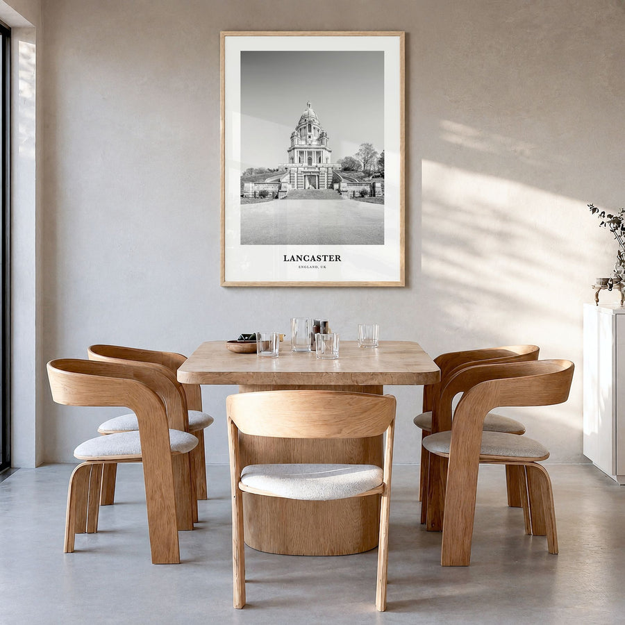 Lancaster, England Classic Poster in a natural wood frame, hanging in a dining room