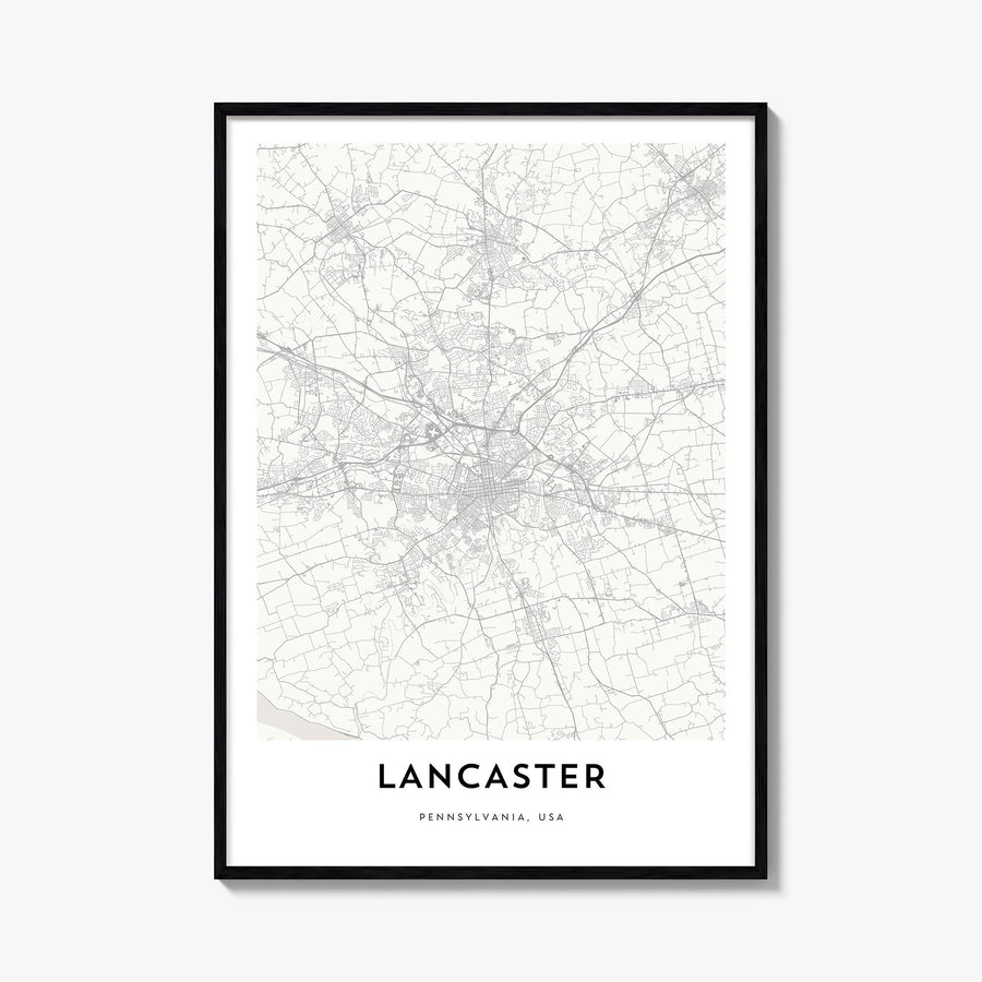 Lancaster, Pennsylvania black & white map poster of Pennsylvania, USA – vertical wall art, unframed print shown in interior m