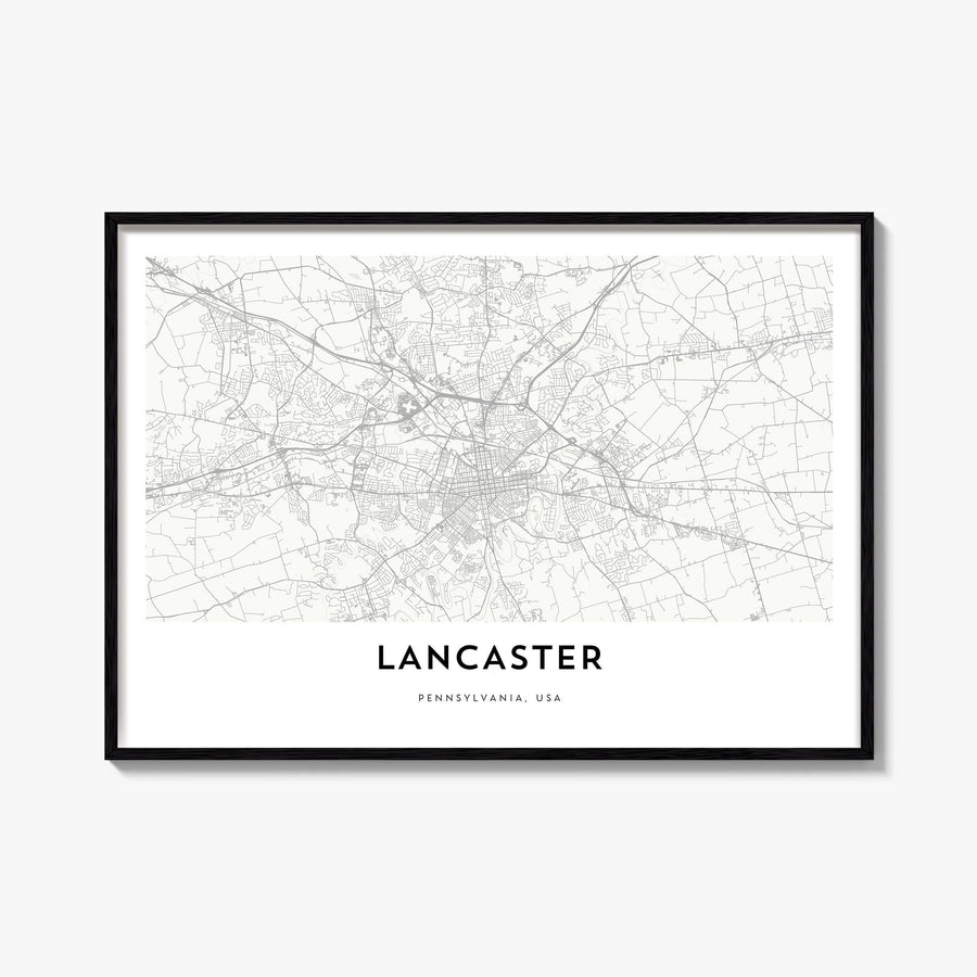 Lancaster, Pennsylvania black & white map poster of Pennsylvania, USA – horizontal wall art, unframed print shown in interior