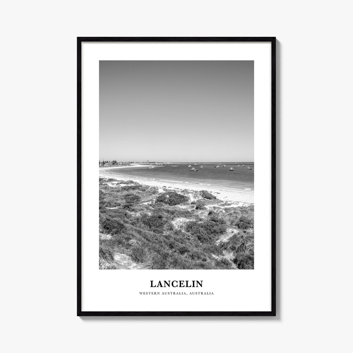 Lancelin black & white classic poster of Australia – vertical wall art, unframed print shown in interior mockup