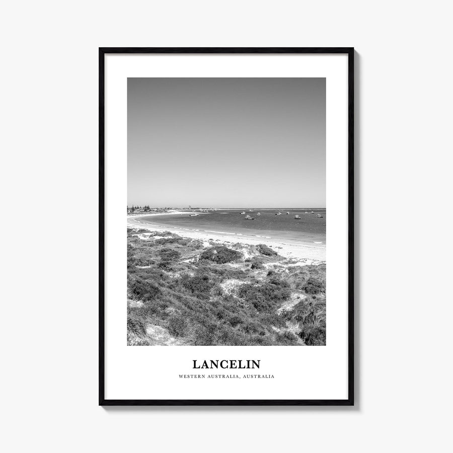 Lancelin black & white classic poster of Australia – vertical wall art, unframed print shown in interior mockup